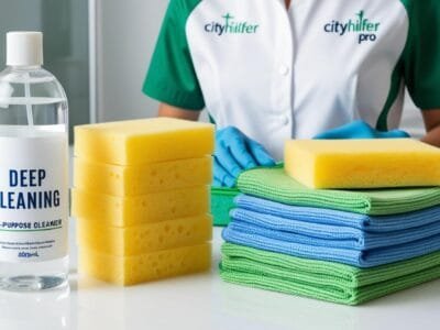 Deep cleaning supplies including all-purpose cleaner, sponges, and microfiber cloths, ready for use in a Berlin home.