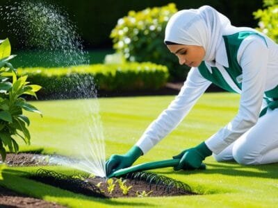 Professional Gardener Fertilizing Watering Aerating Lawn and Garden in Germany