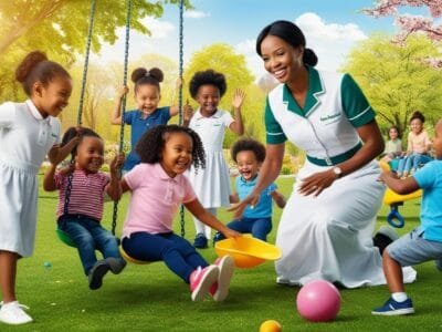 Professional Nanny Playing with Children in a Park in Germany