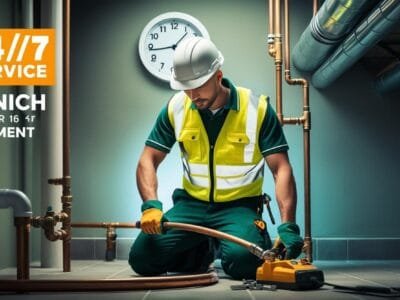 Plumber Repairing a Burst Pipe in a Dimly Lit Munich Basement